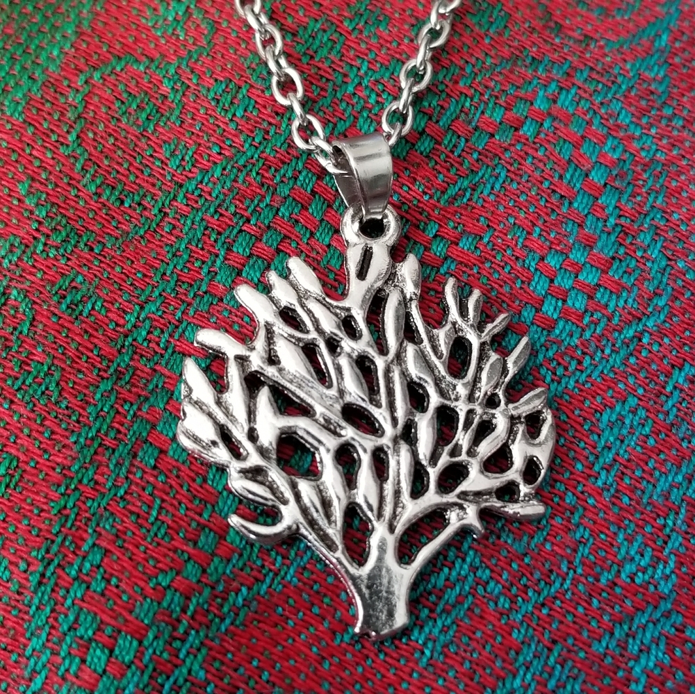 Tree necklace silver tone metal branch of life